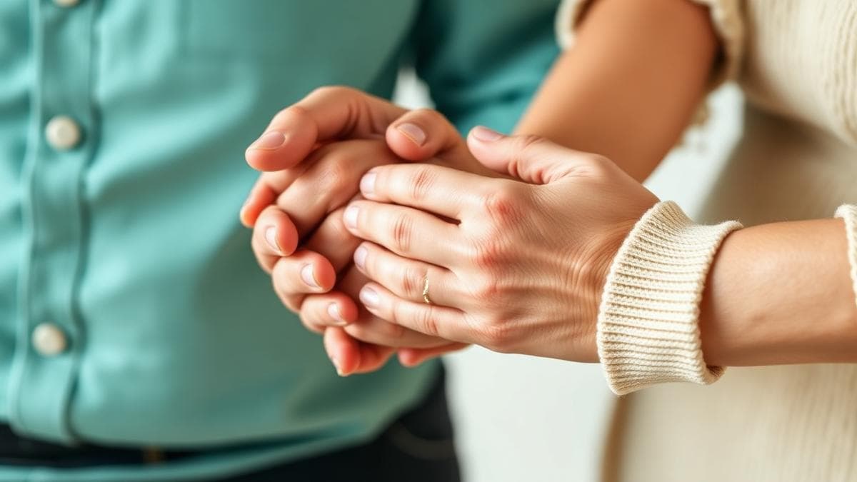 Mãos de familiar segurando carinhosamente as mãos de idoso representando apoio nos sinais iniciais de demência