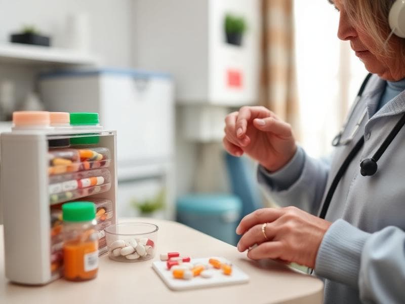 Organizador semanal de comprimidos com medicamentos para pessoa com Alzheimer, representando controle seguro da medicação