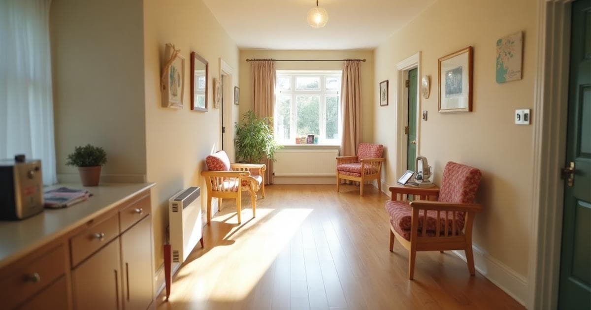 Interior de casa adaptado de forma segura para cuidados com demência, com trilhos de segurança e espaços organizados