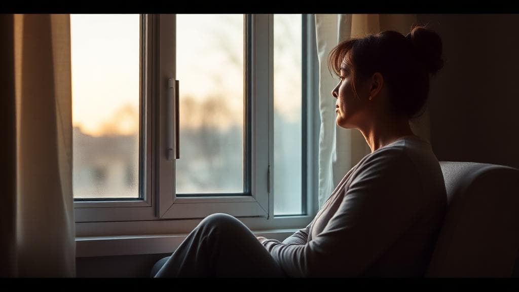 Cuidador familiar sentado olhando pela janela demonstrando sinais de ansiedade e depressão