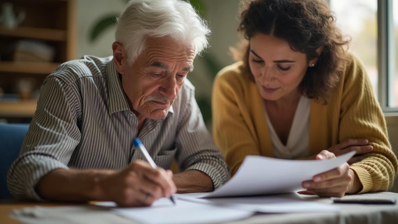 Idoso brasileiro revisando documentos do BPC/LOAS com familiar cuidador