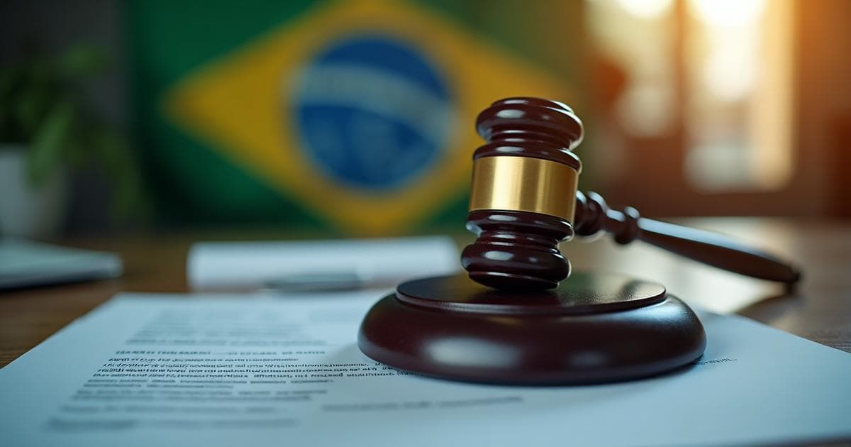 Documento legal brasileiro e martelo com símbolos de cuidados médicos representando a Lei 14.878/2024