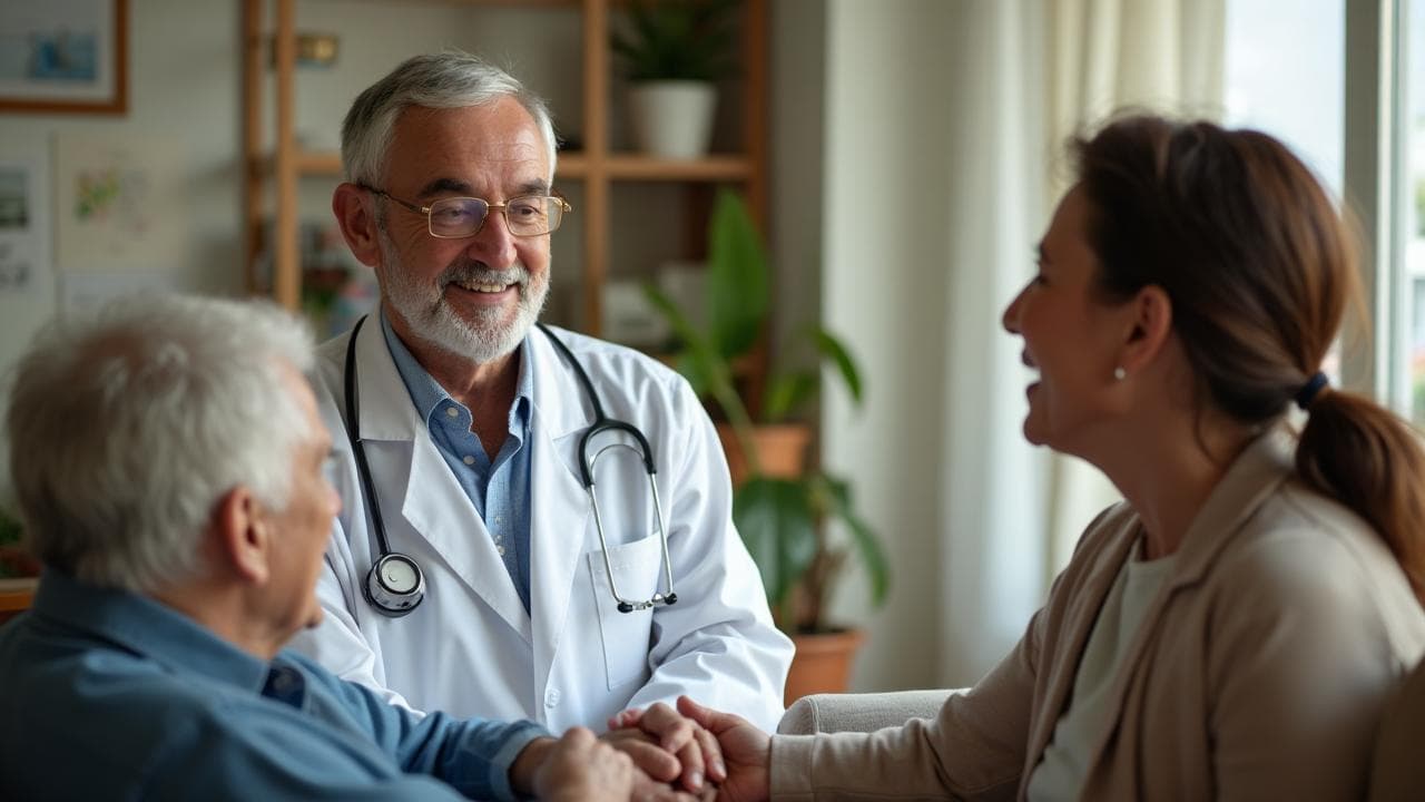 Geriatra simpático consultando idoso e familiar em consultório acolhedor