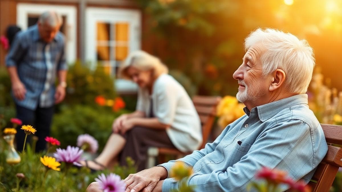 Idoso com Alzheimer sentado em jardim com familiares ao redor, representando a jornada e expectativa de vida com demência