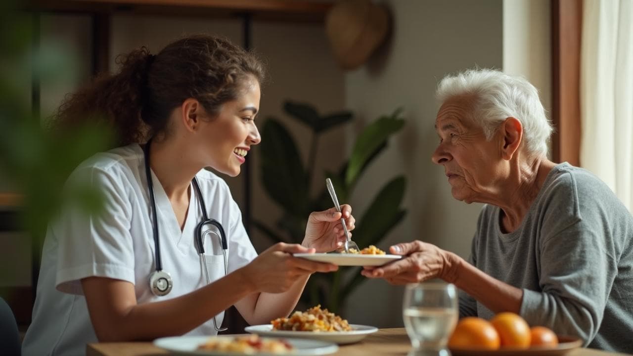 Cuidadora oferecendo alimentação com paciência a idoso com Alzheimer