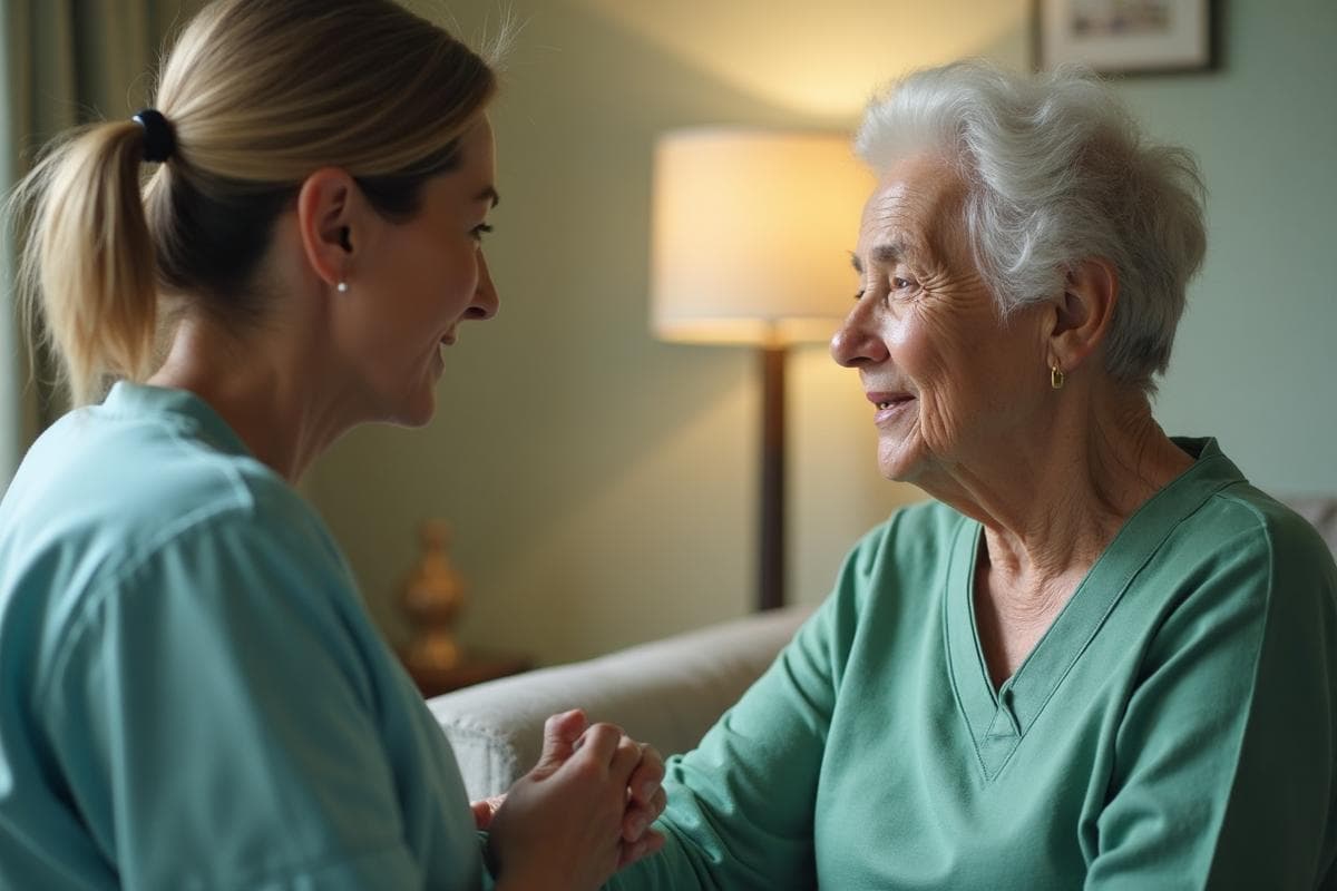 Cuidadora ouvindo pacientemente idosa com Alzheimer que faz perguntas repetitivas