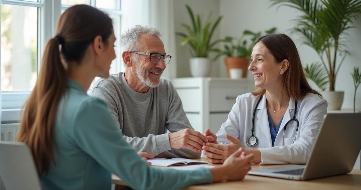 Família consultando especialista em saúde sobre cuidados com demência, momento de apoio e orientação