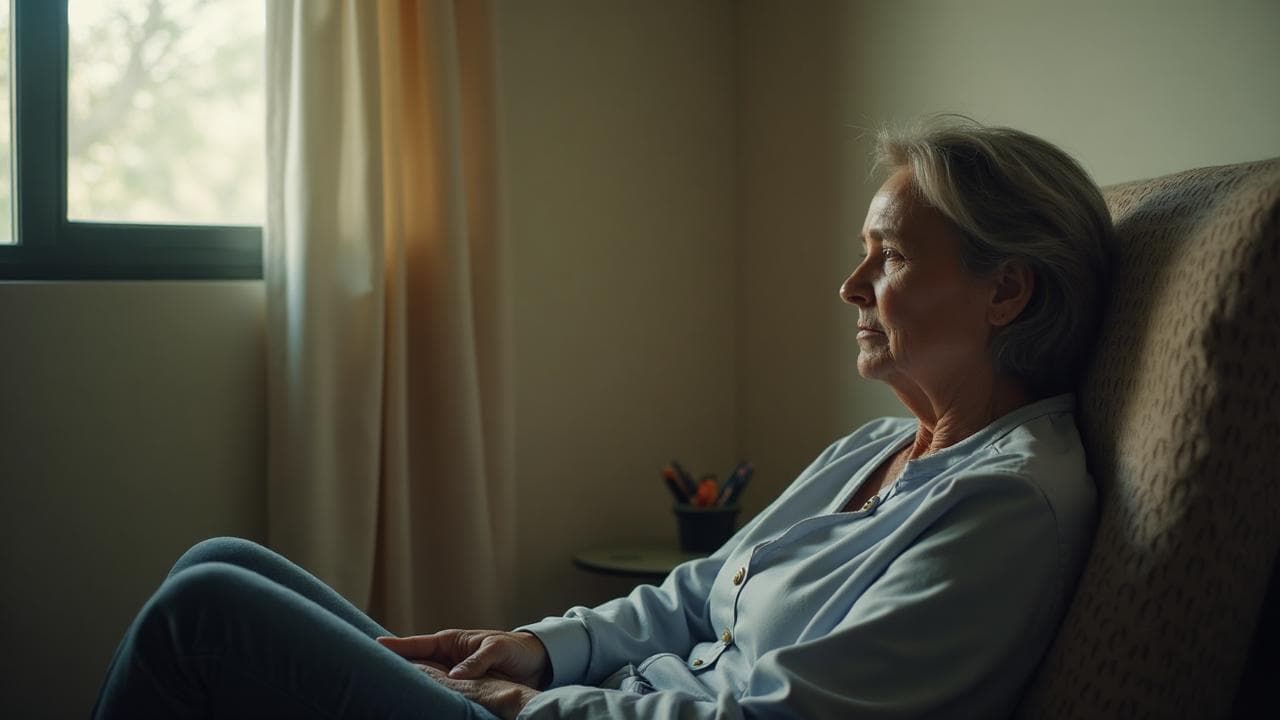 Cuidador exausto tentando descansar enquanto cuida de familiar com Alzheimer, representando a importância do sono do cuidador