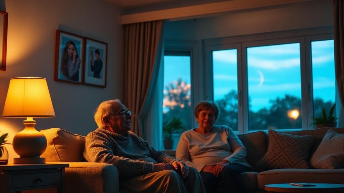 Sala de estar ao entardecer com iluminação acolhedora e casal de idosos representando cuidados com sundowning no Alzheimer