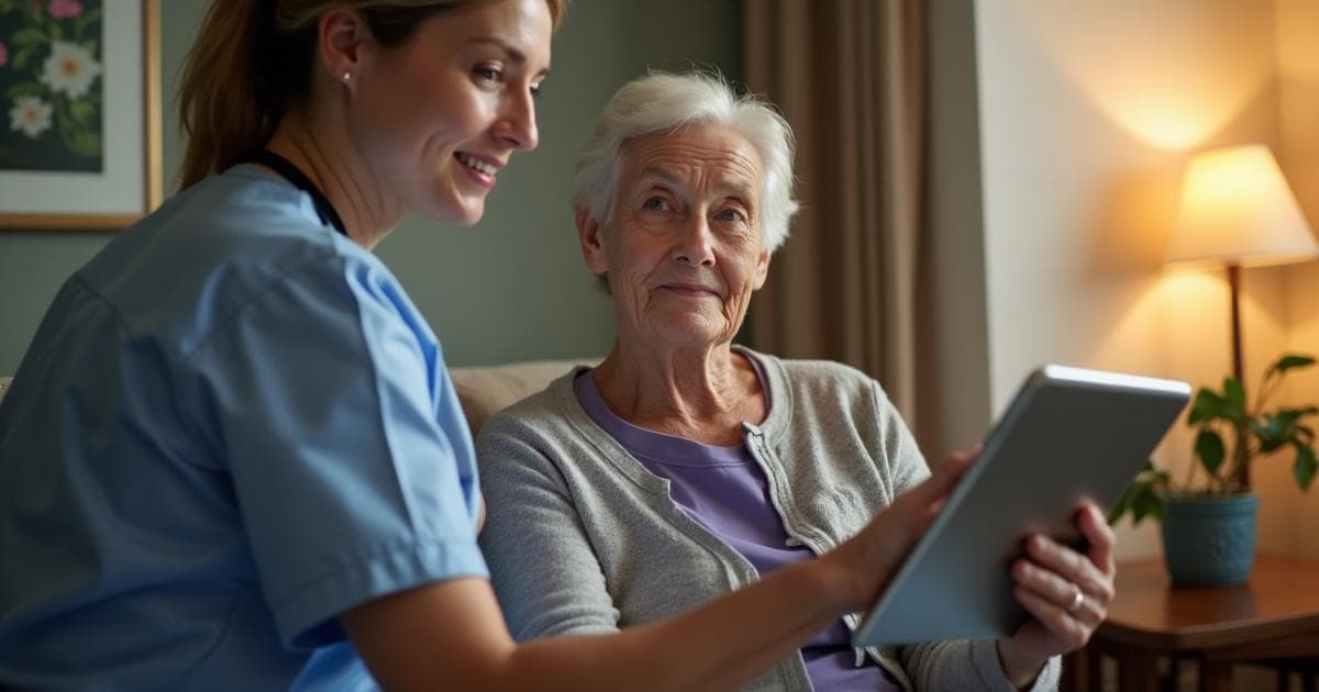 Cuidador profissional usando tecnologia tablet para monitorar paciente idoso com demência em casa
