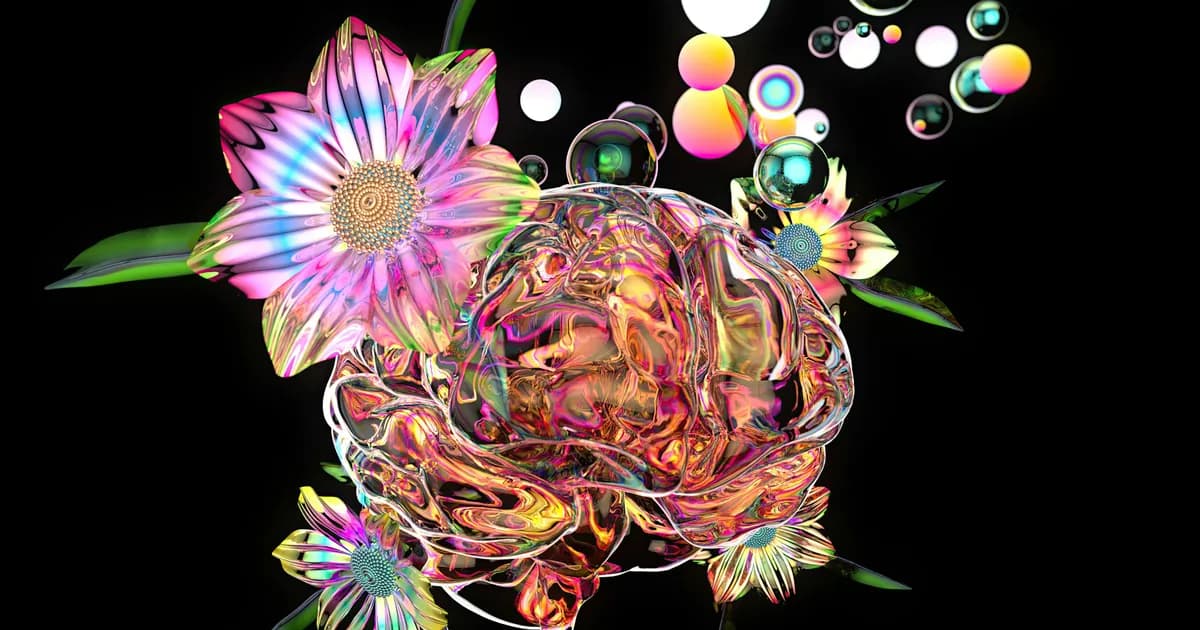 Ilustração de cérebro com flores, representando saúde cerebral e cuidado natural