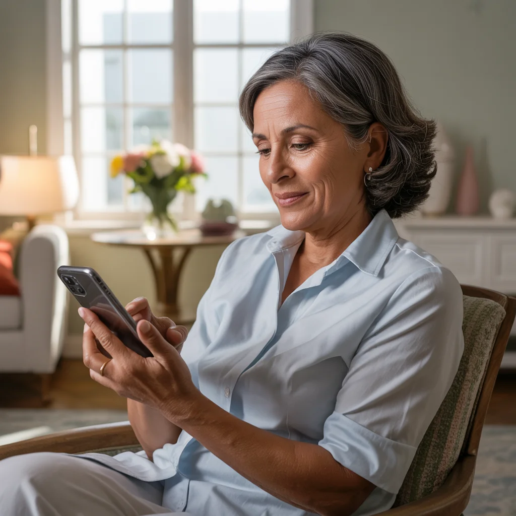 Cuidadora utilizando tecnologia para ampliar o cuidado com demência - mulher sorrindo enquanto usa smartphone em casa