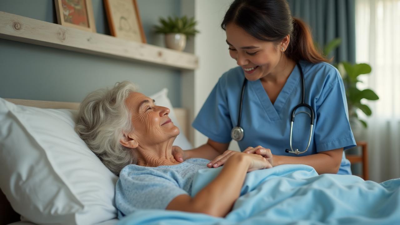 Cuidadora profissional oferecendo conforto a idosa acamada com Alzheimer