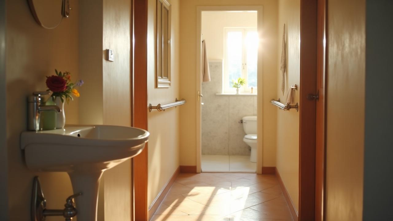 Corredor acolhedor de instituição de longa permanência para idosos (ILPI) com ambiente organizado para pessoas com demência